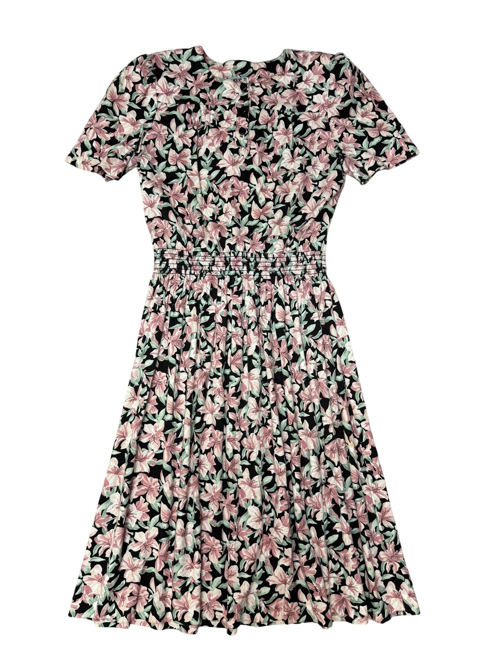 Vintage Taurus II Dress Womens Small Pink Floral Smocked Midi Fit & Flare 70s